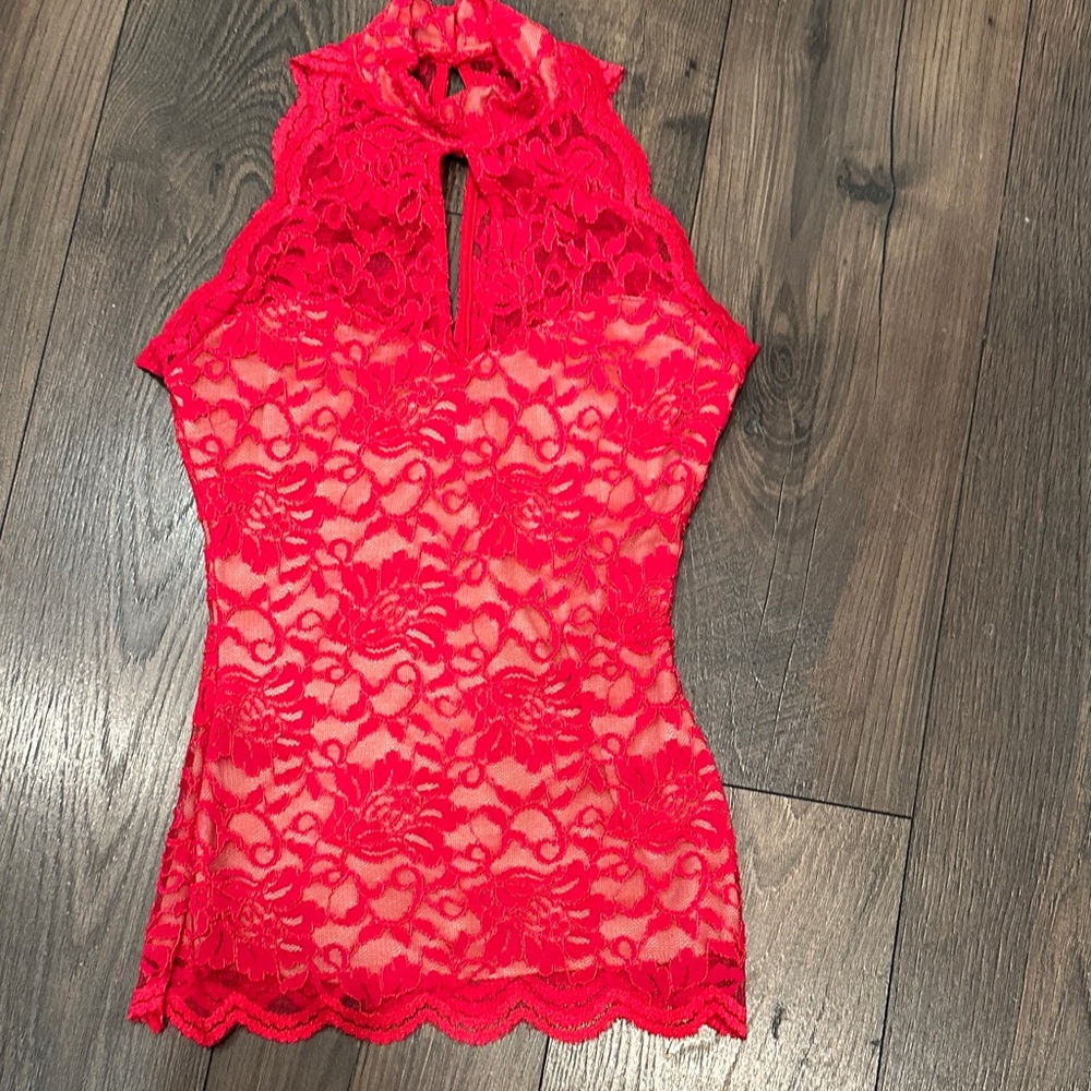 Sexy Form Fitting Red Lace Top by Venus is Size XS